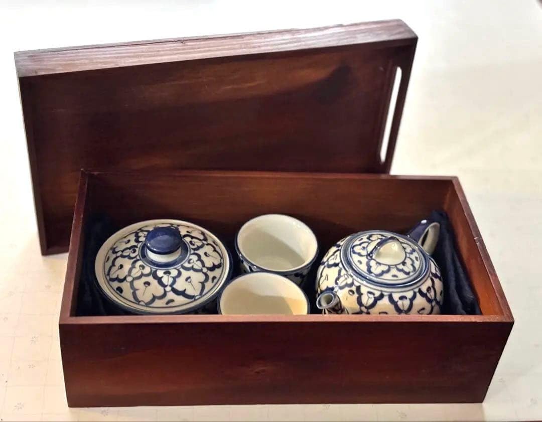 Amazon.co.jp: 木箱入 染付 茶器セット 急須 湯呑み2客 蓋碗 中国茶器